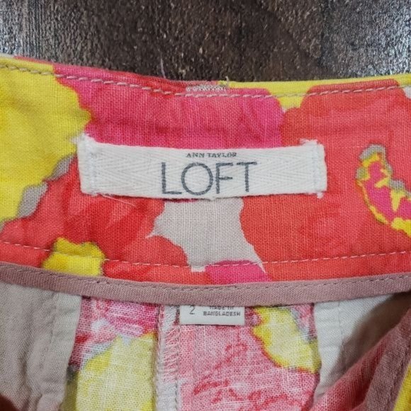 LOFT coral & yellow floral linen blend floral print shorts woman's size 2 - Picture 2 of 9